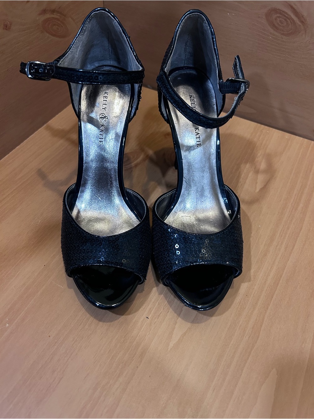 Kelly & Katie Black Sequin Open-Toe Ankle-Strap Heels